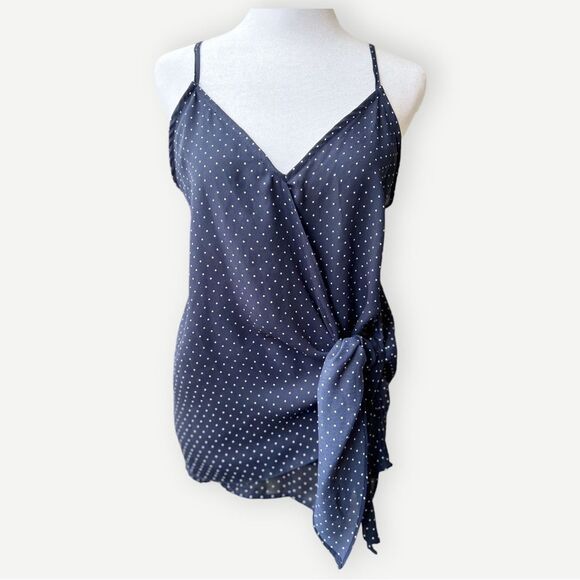 Gibson Navy Blue Polka Dot Tie Front Flowy Sleeveless V-Neck Tank Top. Small. - Picture 3 of 12